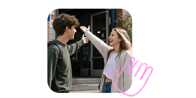 Two friends high-fiving outside a cafe.