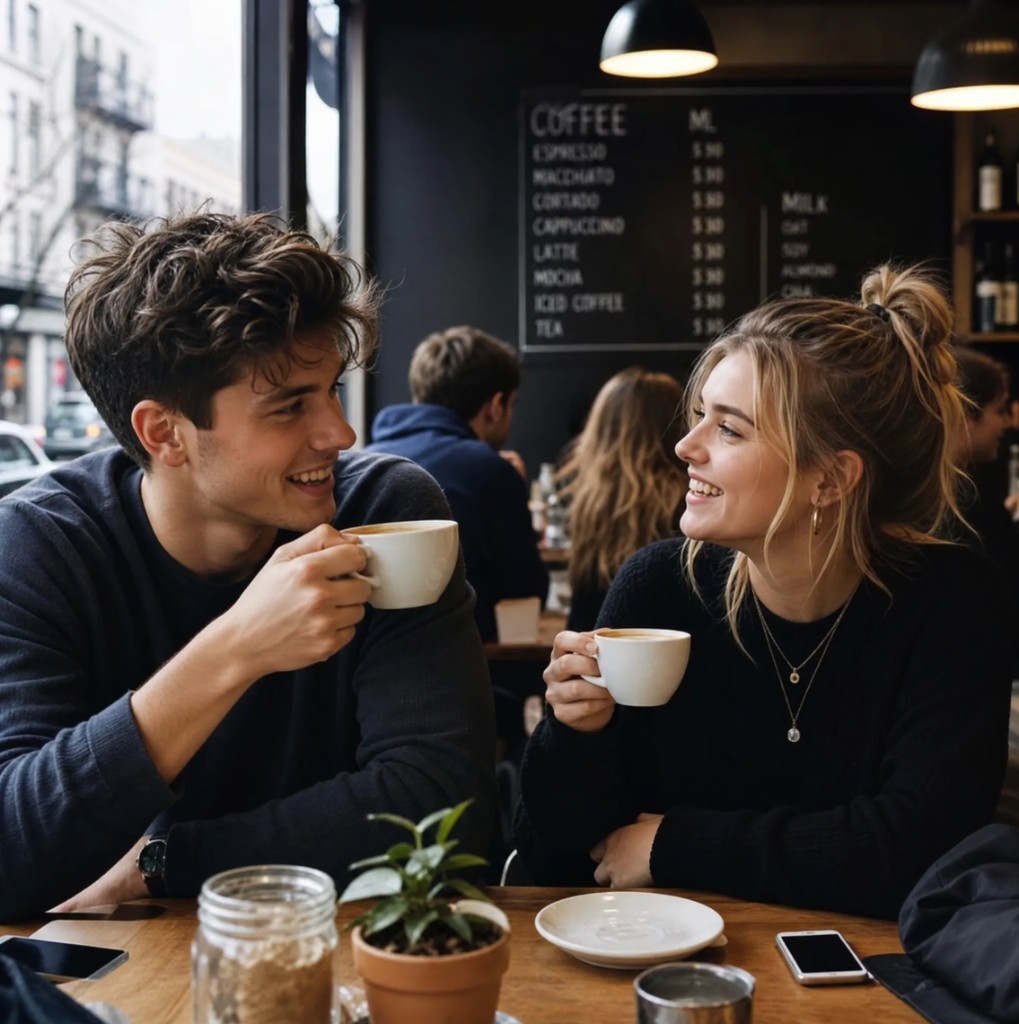 Two people smiling over coffee in a cafe.