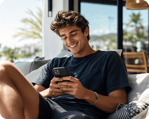A young man texting on his phone from a sunny couch.