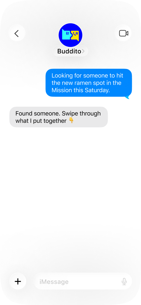 A Buddito iMessage conversation mockup.